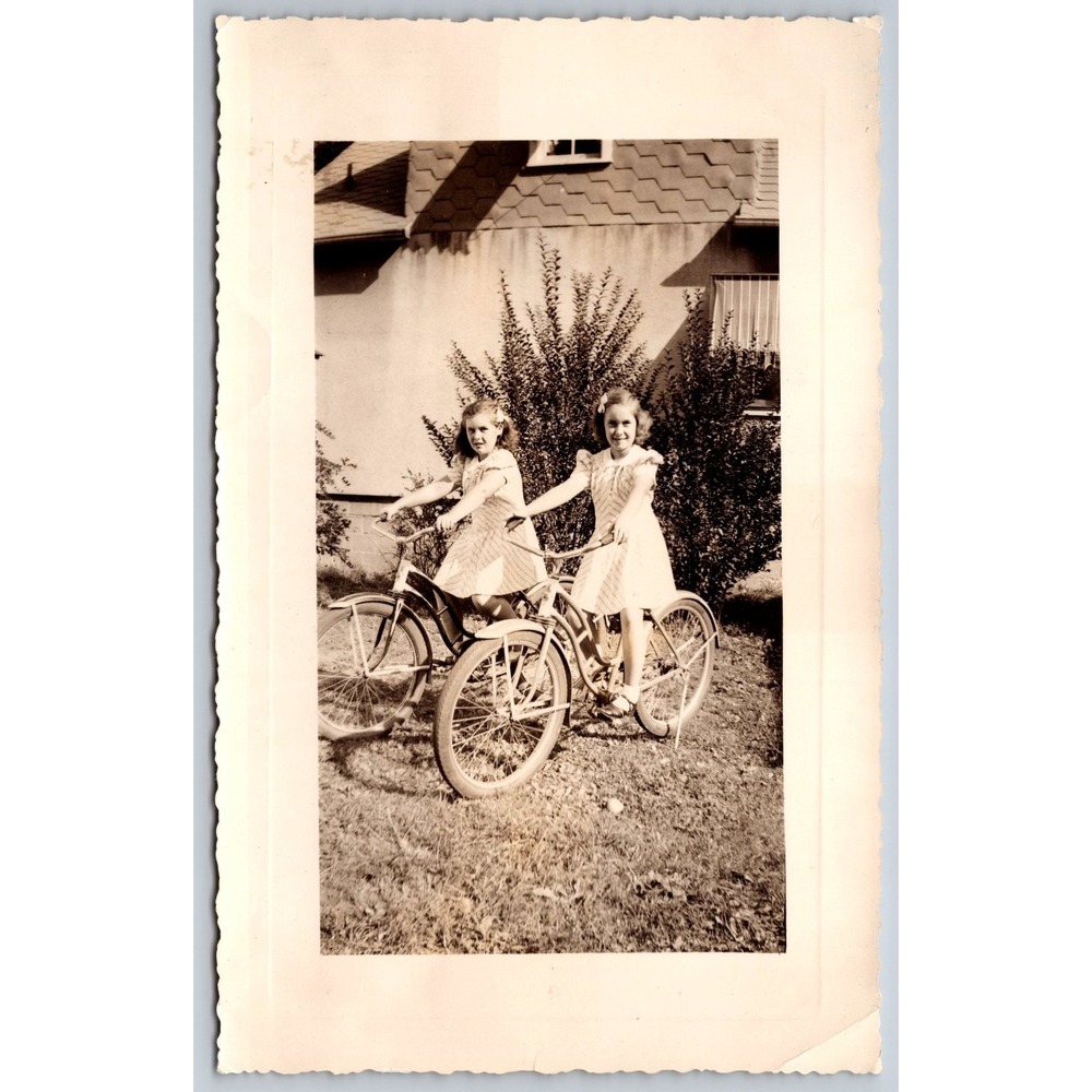 Vintage 1940s 1950s Girls on Bicycles Snapshot Photo Americana Scalloped Edge